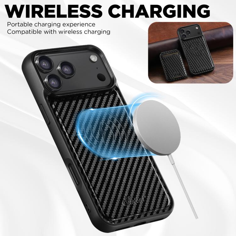 For iPhone 17 Pro Suteni TXWH18 Carbon Fiber Texture Detachable Wallet MagSafe Phone Case - Black