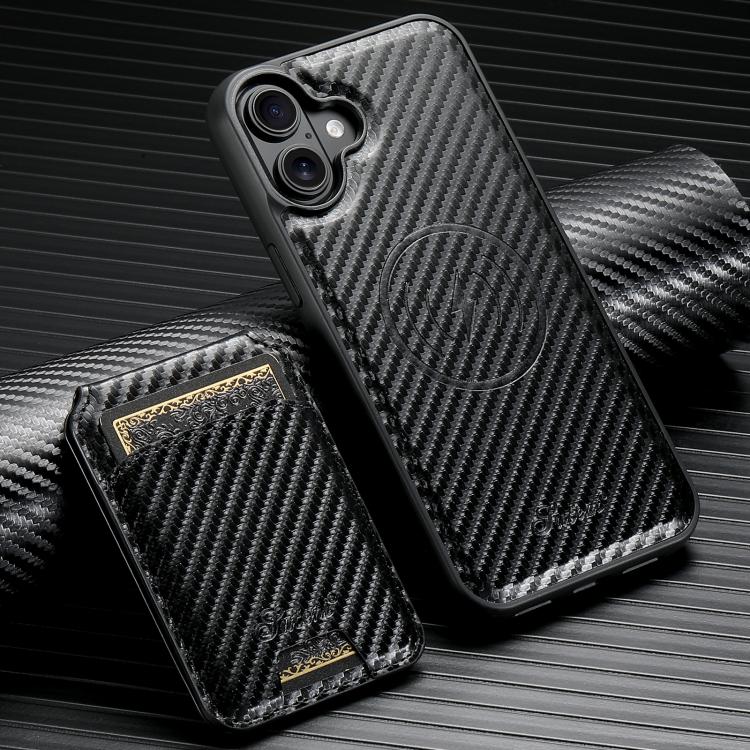For iPhone 17 Suteni TXWH18 Carbon Fiber Texture Detachable Wallet MagSafe Phone Case - Black