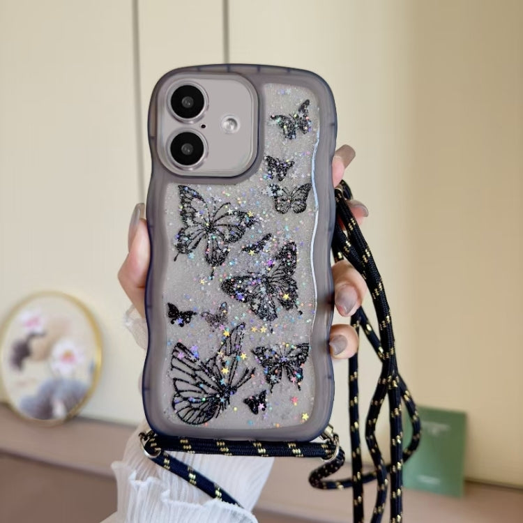 For iPhone 16 Plus Crossbody Wave Edge Butterfly TPU Phone Case