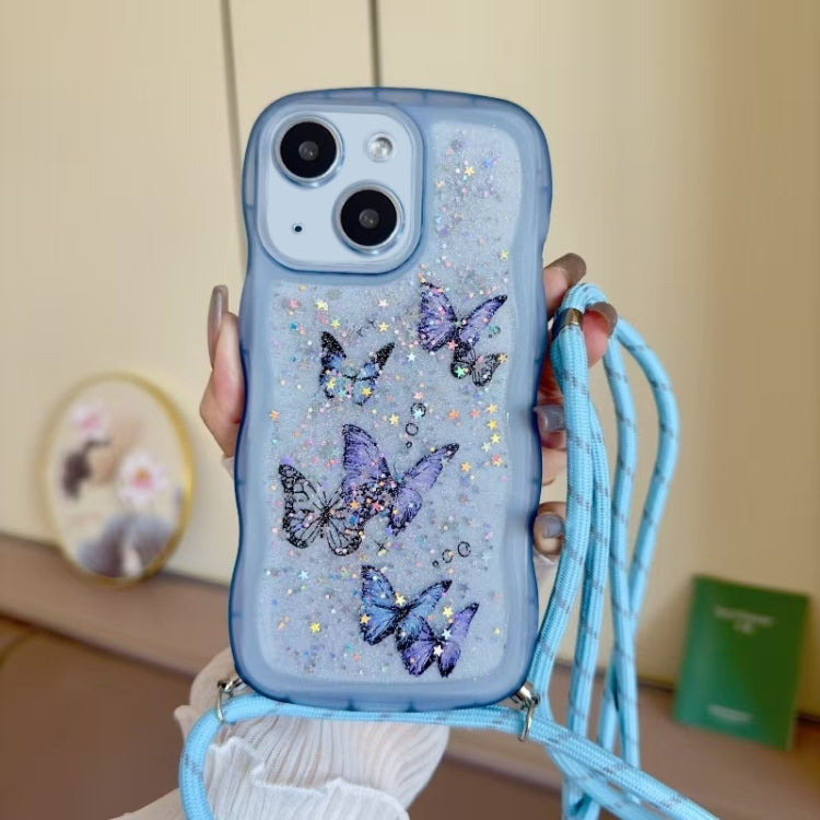 For iPhone 15 Plus Crossbody Wave Edge Butterfly TPU Phone Case