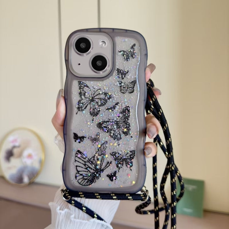 For iPhone 15 Crossbody Wave Edge Butterfly TPU Phone Case