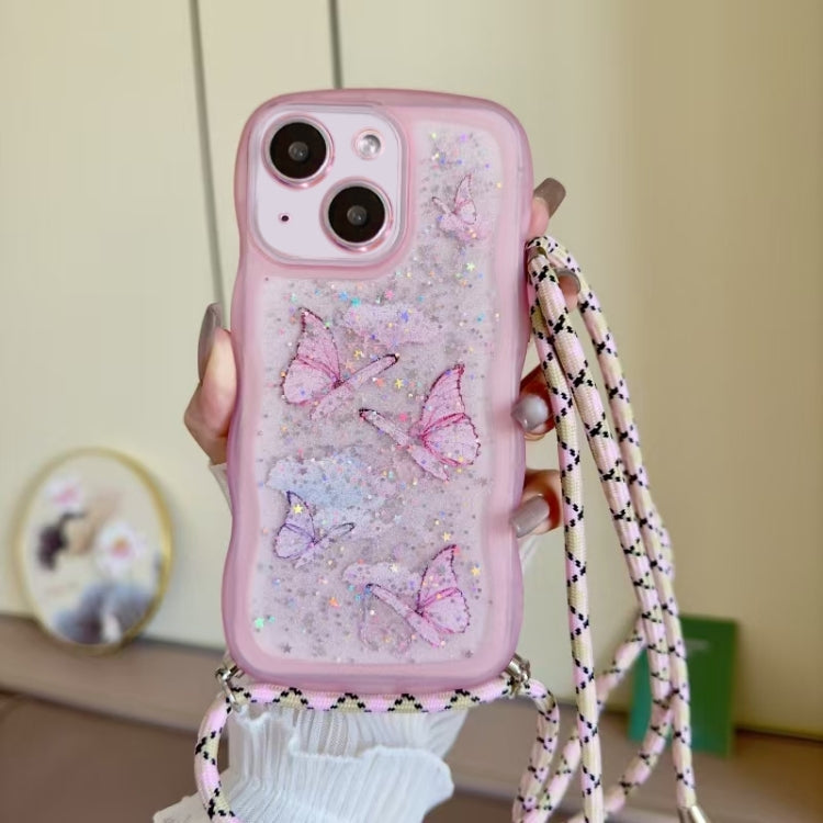 For iPhone 14 Plus Crossbody Wave Edge Butterfly TPU Phone Case