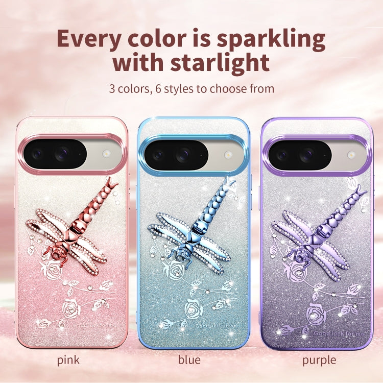 For Google Pixel 9 Pro Gradient Glitter Immortal 3D Dragonfly Holder Plated Phone Case