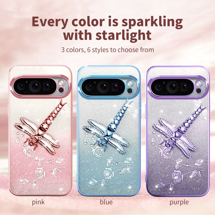 For Google Pixel 9 Pro XL Gradient Glitter Immortal 3D Dragonfly Holder Plated Phone Case