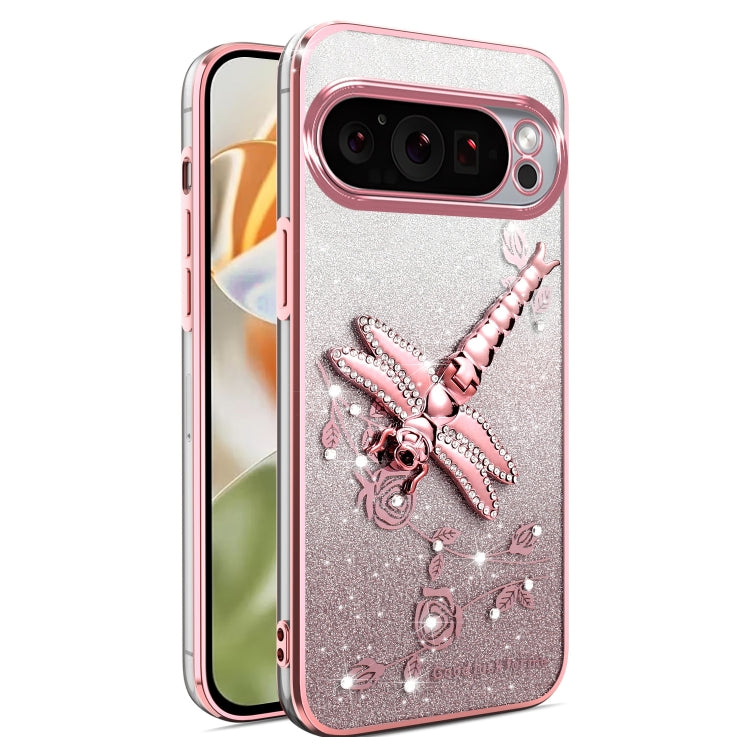 For Google Pixel 9 Pro XL Gradient Glitter Immortal 3D Dragonfly Holder Plated Phone Case