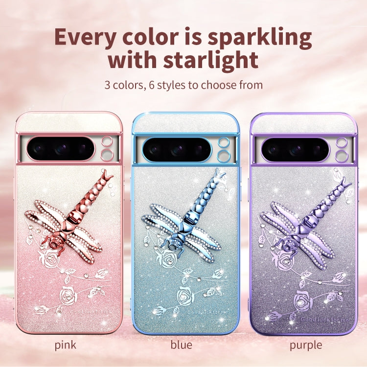 For Google Pixel 8 Pro Gradient Glitter Immortal 3D Dragonfly Holder Plated Phone Case
