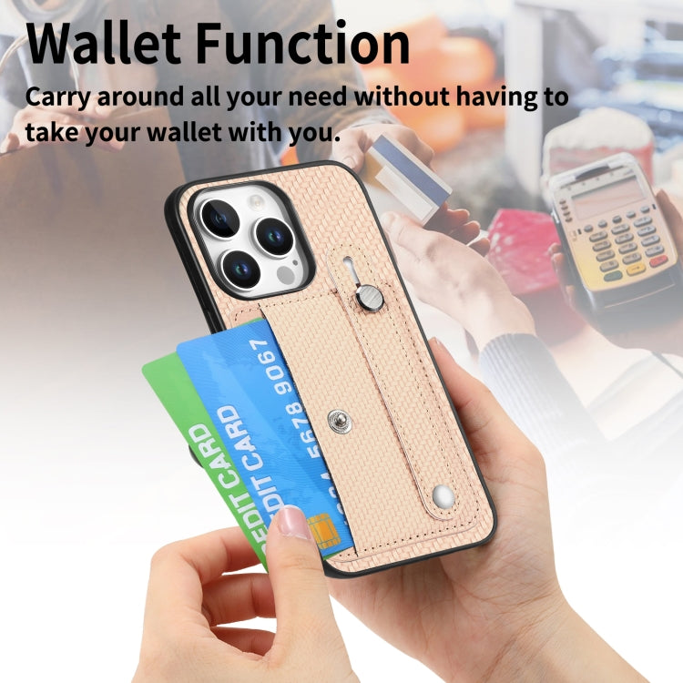 For iPhone 16 Pro Wristband Kickstand Card Wallet Back Phone Case with Tool Knife