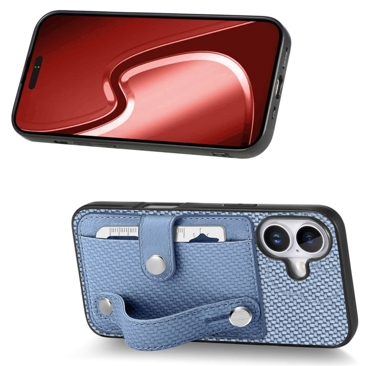 For iPhone 16 Plus Wristband Kickstand Card Wallet Back Phone Case with Tool Knife
