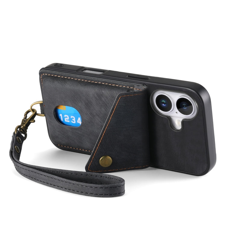 For iPhone 16 Retro Card Wallet Fold Leather Phone Case with Strap