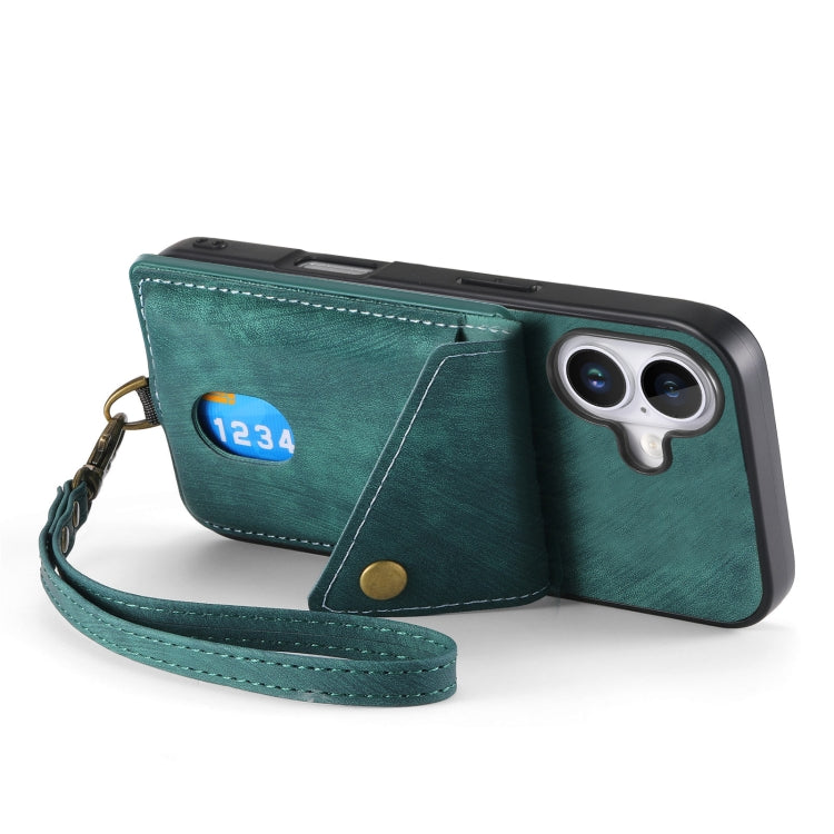 For iPhone 16 Retro Card Wallet Fold Leather Phone Case with Strap