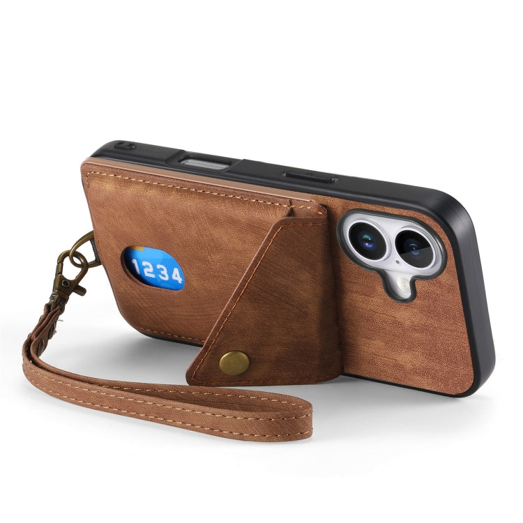 For iPhone 16 Retro Card Wallet Fold Leather Phone Case with Strap