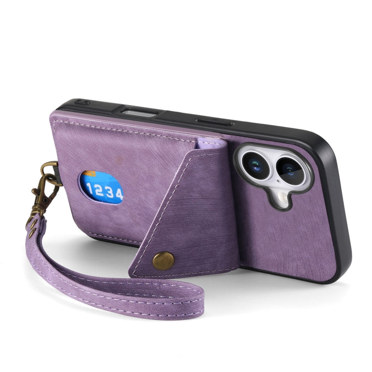 For iPhone 16 Retro Card Wallet Fold Leather Phone Case with Strap