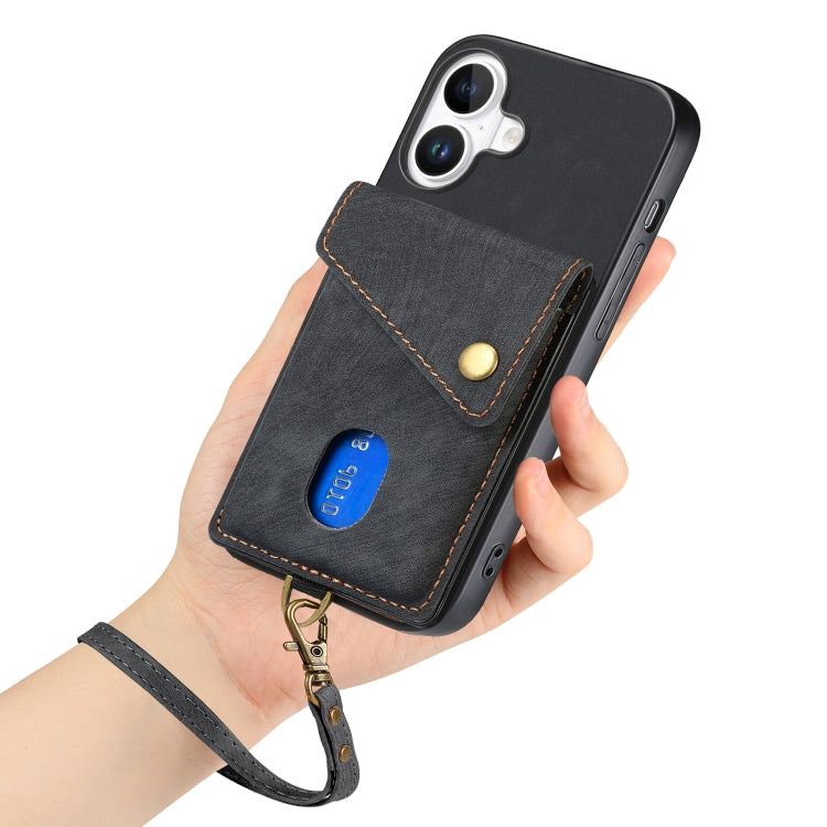 For iPhone 16 Plus Retro Card Wallet Fold Leather Phone Case with Strap