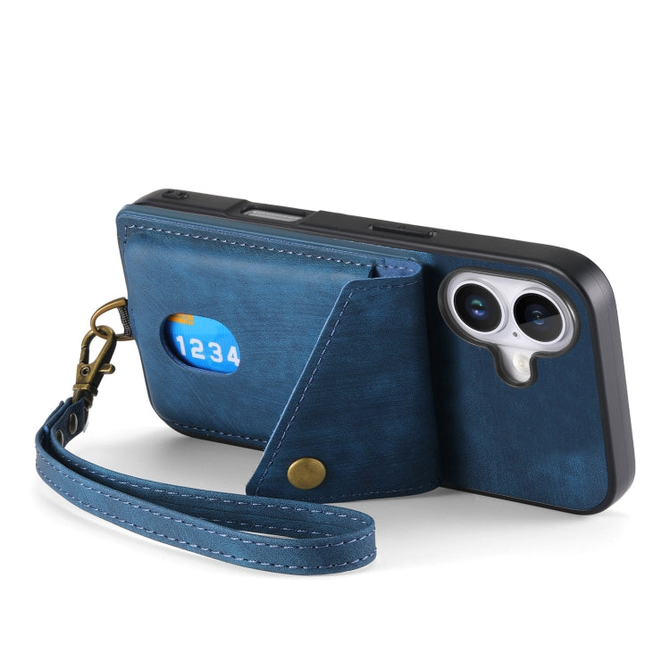 For iPhone 16 Plus Retro Card Wallet Fold Leather Phone Case with Strap