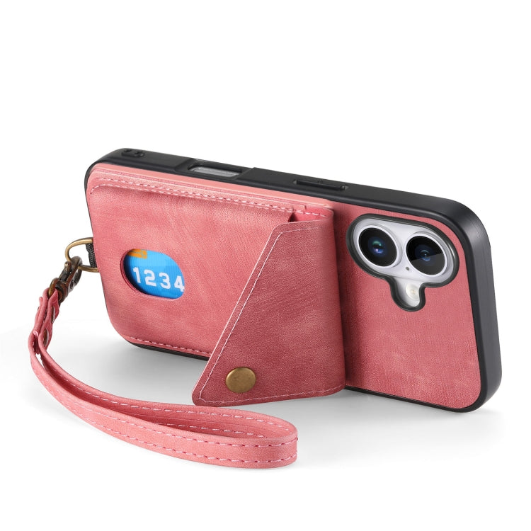 For iPhone 16 Plus Retro Card Wallet Fold Leather Phone Case with Strap