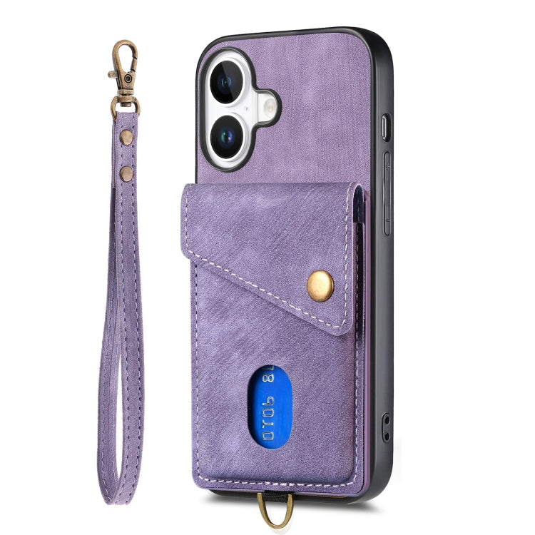 For iPhone 16 Plus Retro Card Wallet Fold Leather Phone Case with Strap