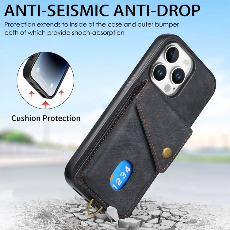 For iPhone 16 Pro Retro Card Wallet Fold Leather Phone Case with Strap