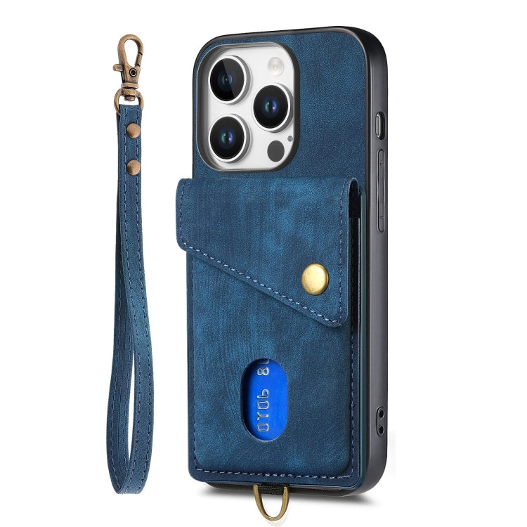 For iPhone 16 Pro Retro Card Wallet Fold Leather Phone Case with Strap