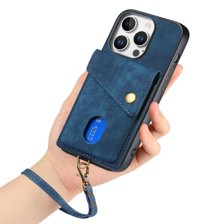 For iPhone 16 Pro Retro Card Wallet Fold Leather Phone Case with Strap