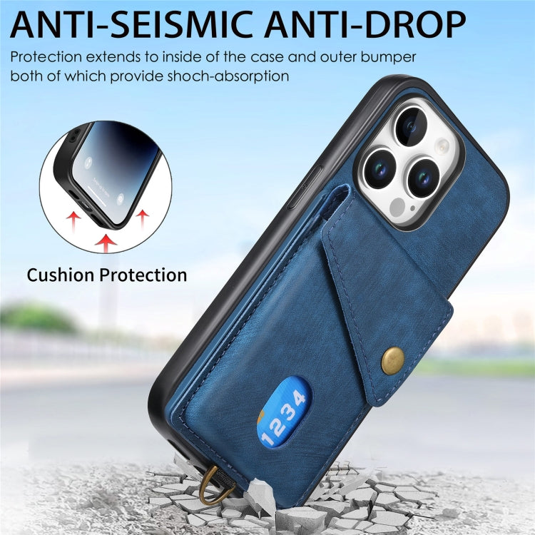For iPhone 16 Pro Retro Card Wallet Fold Leather Phone Case with Strap