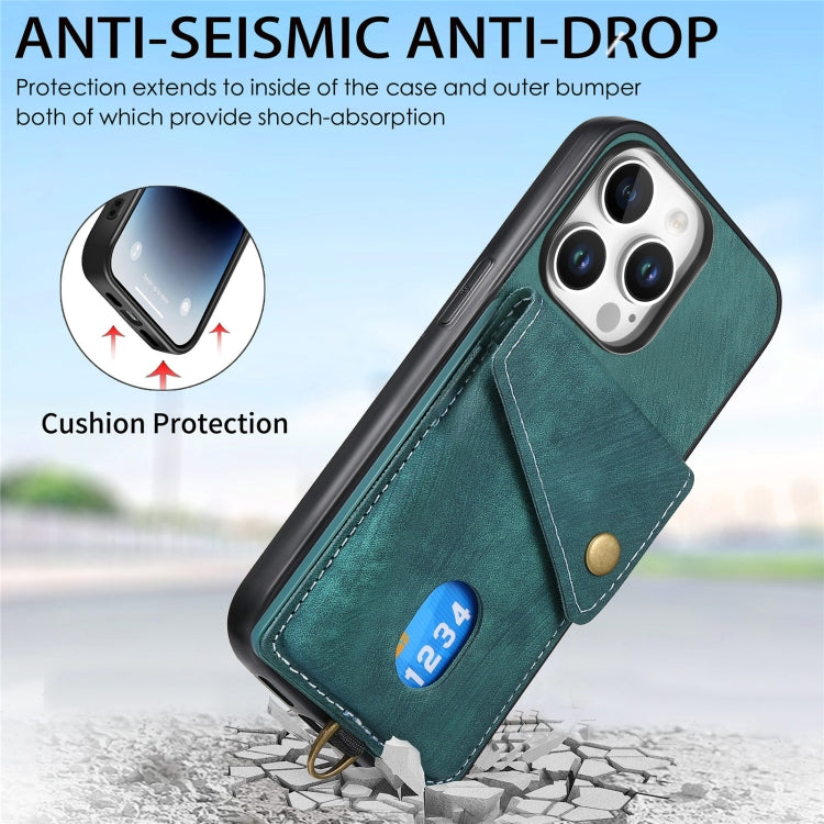 For iPhone 16 Pro Retro Card Wallet Fold Leather Phone Case with Strap