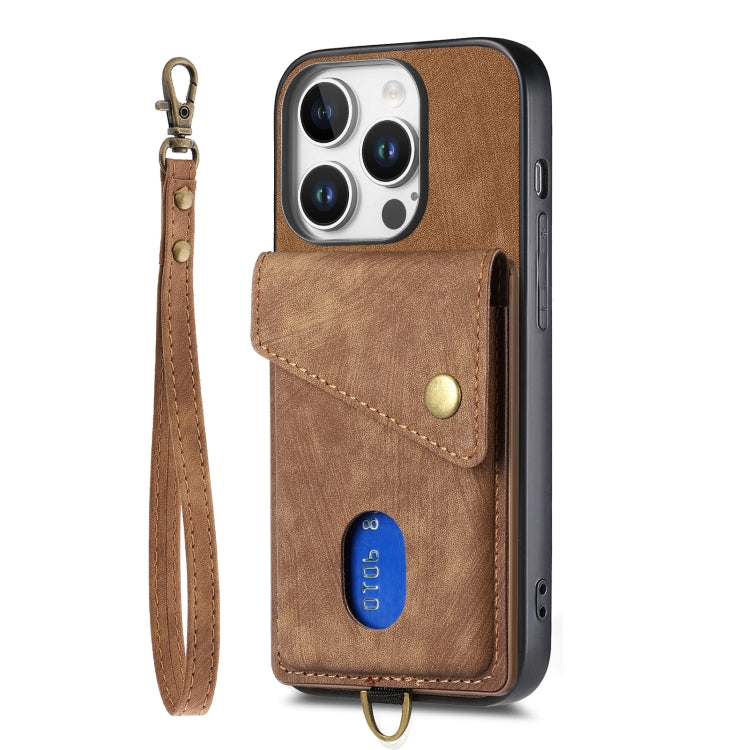 For iPhone 16 Pro Retro Card Wallet Fold Leather Phone Case with Strap