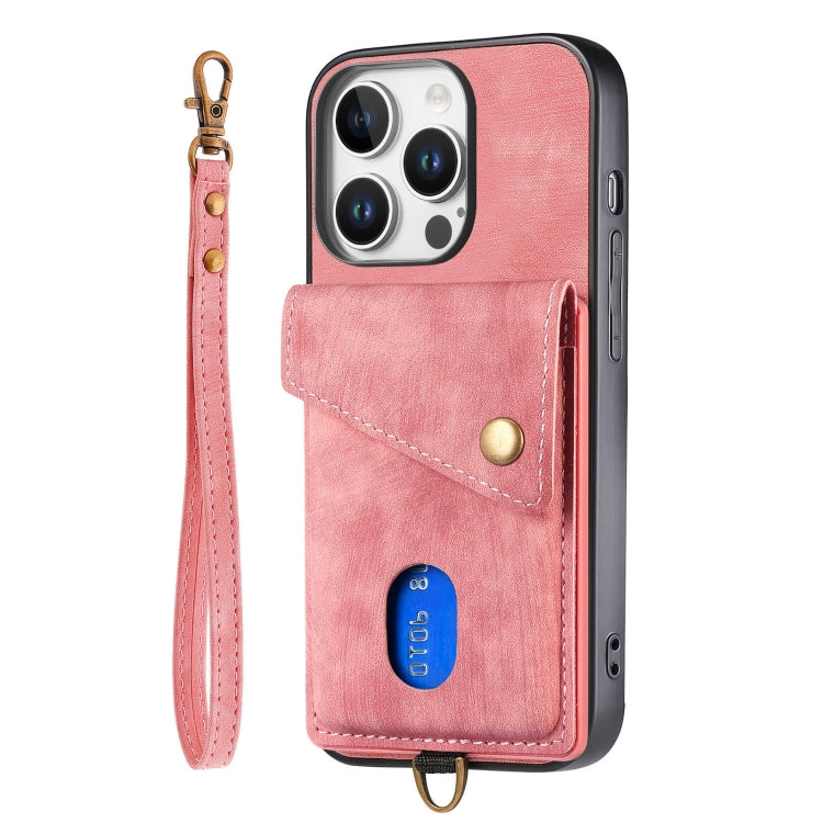For iPhone 16 Pro Retro Card Wallet Fold Leather Phone Case with Strap
