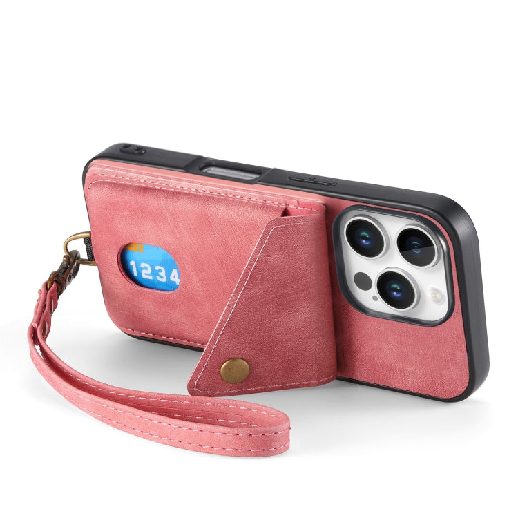 For iPhone 16 Pro Retro Card Wallet Fold Leather Phone Case with Strap