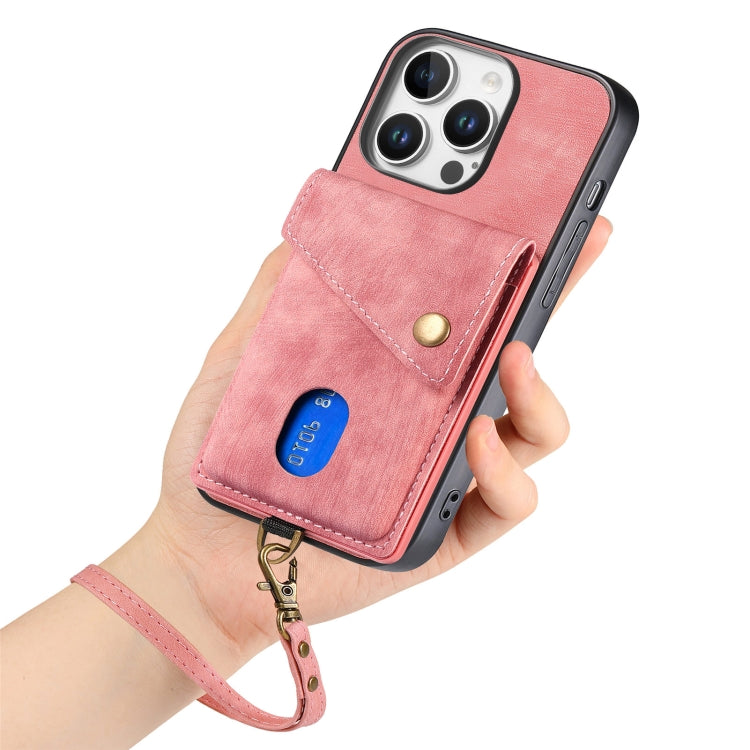 For iPhone 16 Pro Retro Card Wallet Fold Leather Phone Case with Strap
