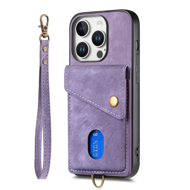 For iPhone 16 Pro Retro Card Wallet Fold Leather Phone Case with Strap