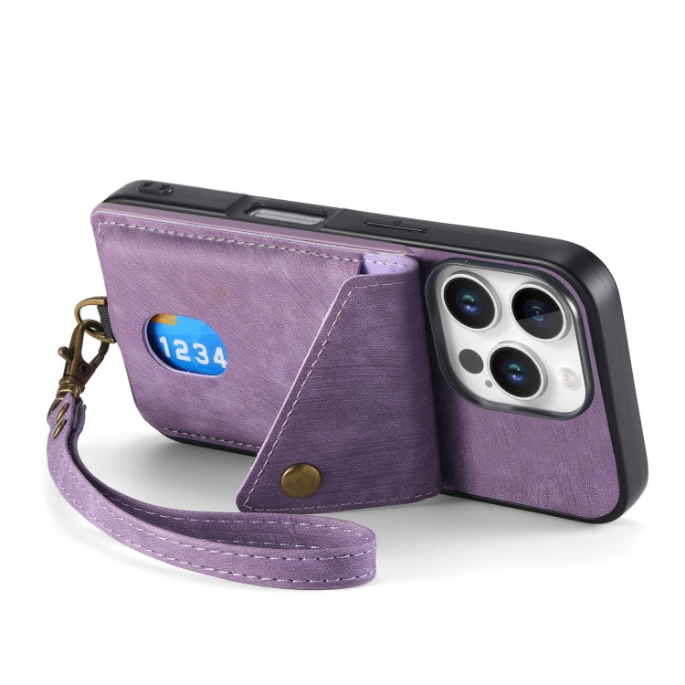 For iPhone 16 Pro Retro Card Wallet Fold Leather Phone Case with Strap
