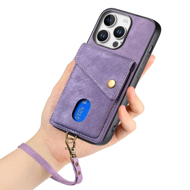 For iPhone 16 Pro Retro Card Wallet Fold Leather Phone Case with Strap