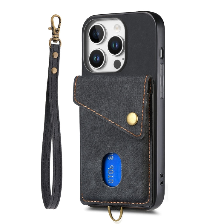 For iPhone 16 Pro Max Retro Card Wallet Fold Leather Phone Case with Strap