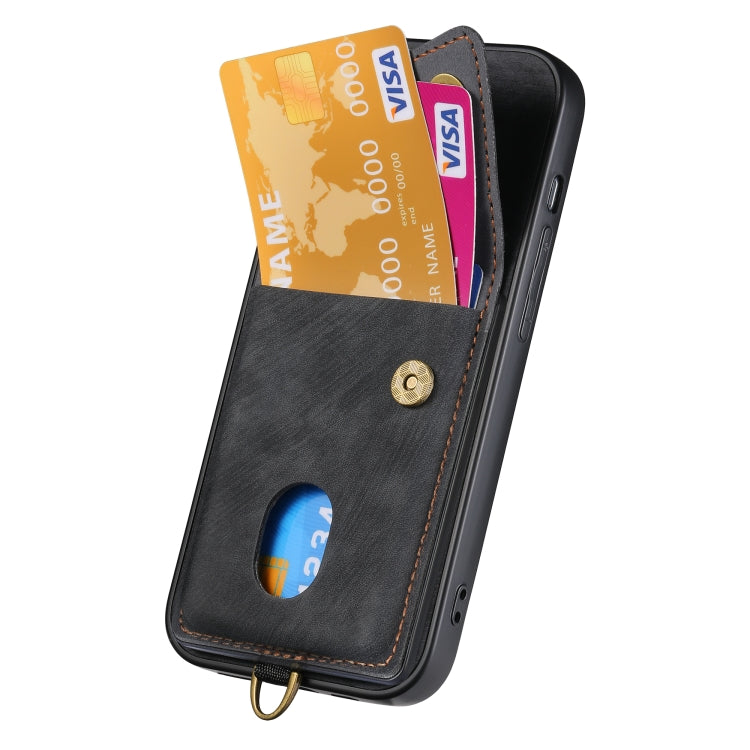 For iPhone 16 Pro Max Retro Card Wallet Fold Leather Phone Case with Strap