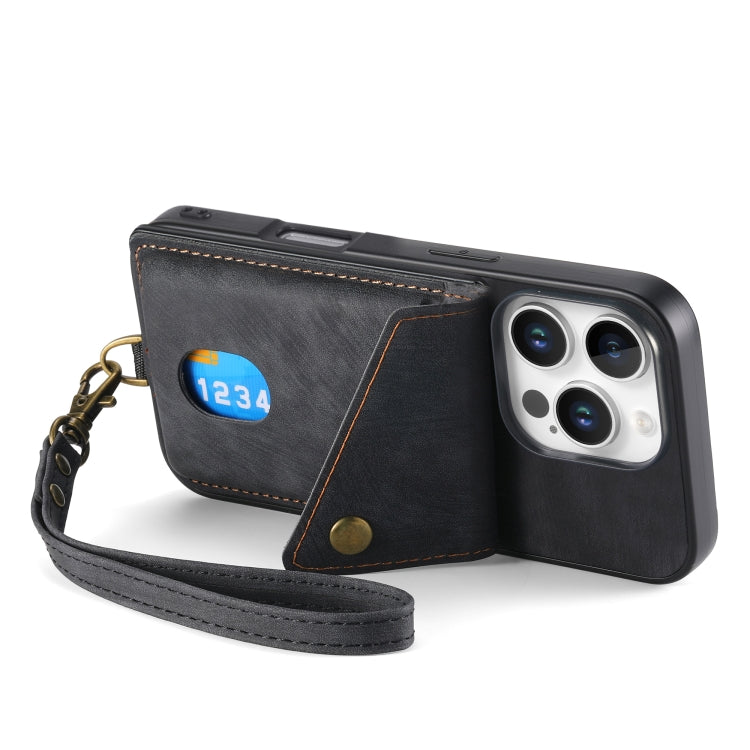 For iPhone 16 Pro Max Retro Card Wallet Fold Leather Phone Case with Strap
