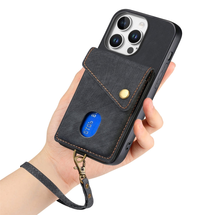 For iPhone 16 Pro Max Retro Card Wallet Fold Leather Phone Case with Strap