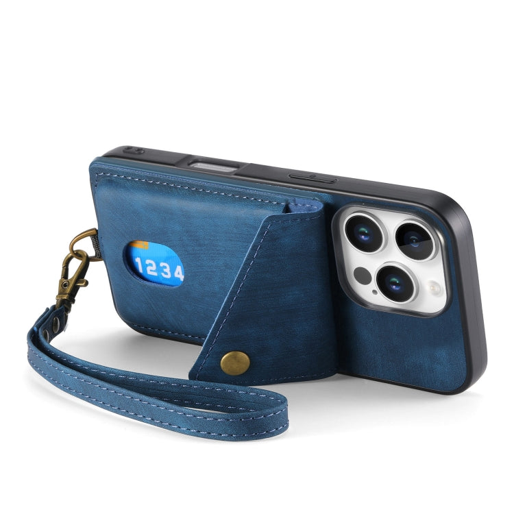 For iPhone 16 Pro Max Retro Card Wallet Fold Leather Phone Case with Strap