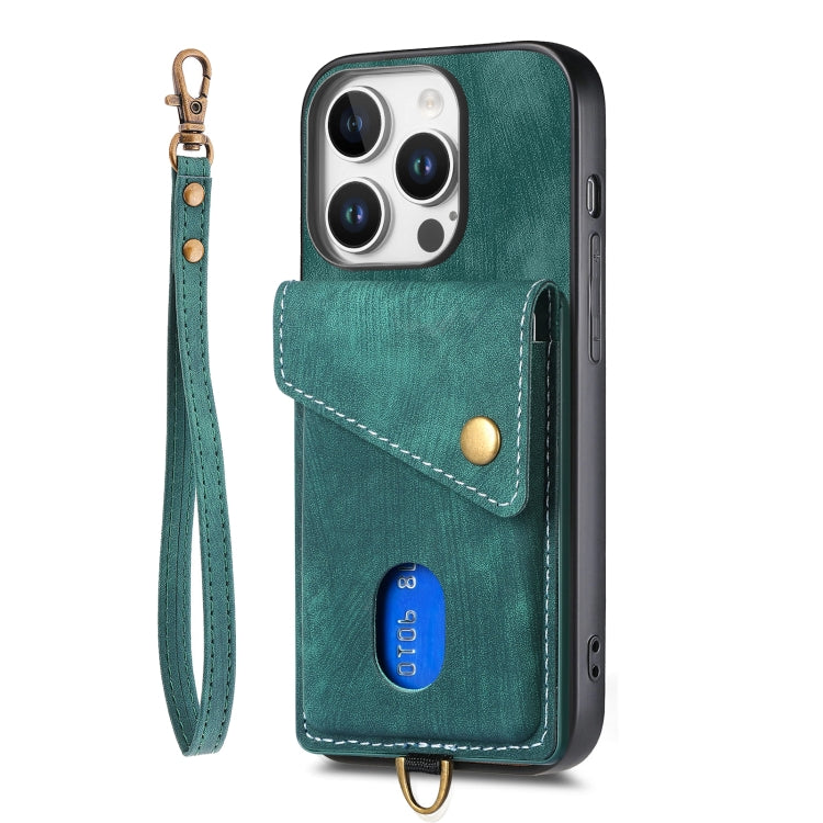 For iPhone 16 Pro Max Retro Card Wallet Fold Leather Phone Case with Strap