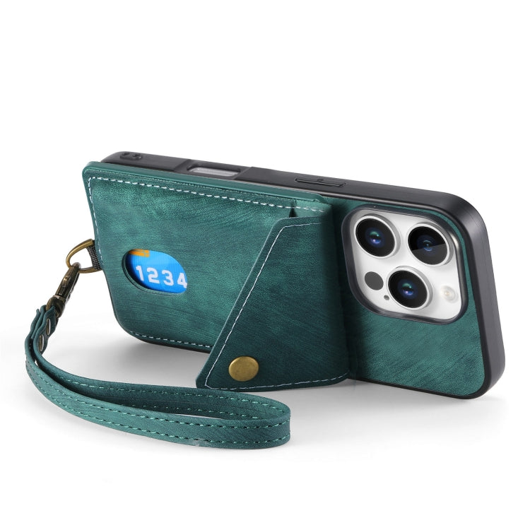 For iPhone 16 Pro Max Retro Card Wallet Fold Leather Phone Case with Strap