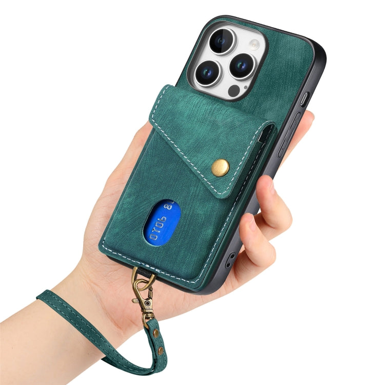 For iPhone 16 Pro Max Retro Card Wallet Fold Leather Phone Case with Strap