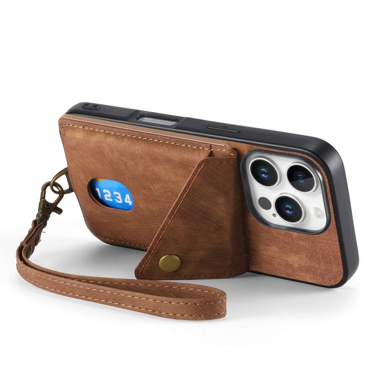 For iPhone 16 Pro Max Retro Card Wallet Fold Leather Phone Case with Strap