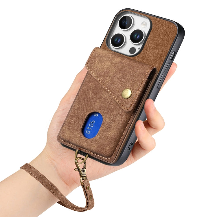For iPhone 16 Pro Max Retro Card Wallet Fold Leather Phone Case with Strap
