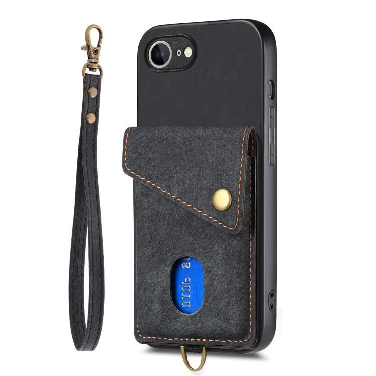 For iPhone 17e / 16e Retro Card Wallet Fold Leather Phone Case with Strap
