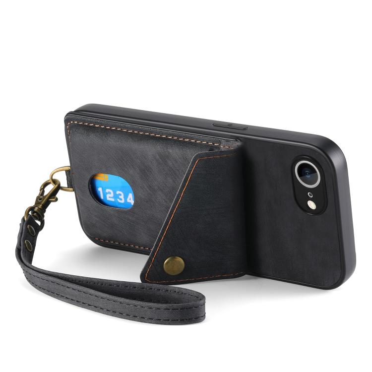 For iPhone 17e / 16e Retro Card Wallet Fold Leather Phone Case with Strap
