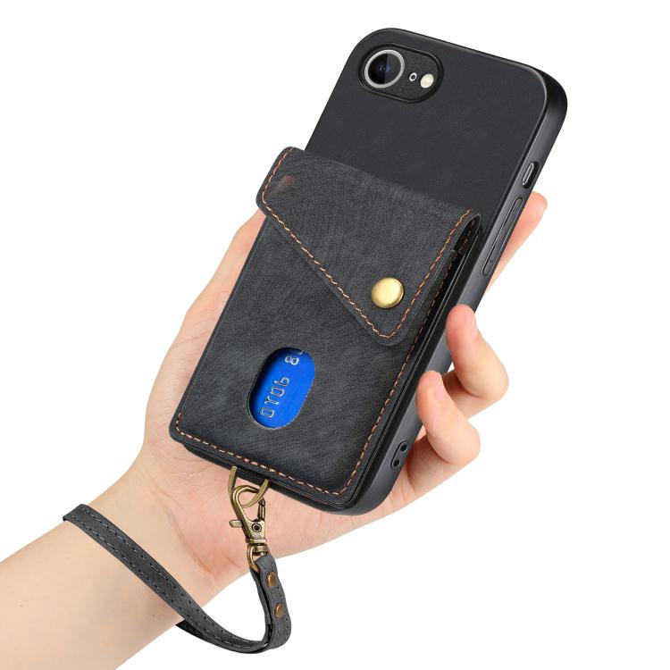 For iPhone 17e / 16e Retro Card Wallet Fold Leather Phone Case with Strap