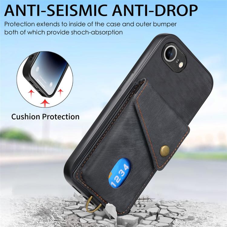 For iPhone 17e / 16e Retro Card Wallet Fold Leather Phone Case with Strap