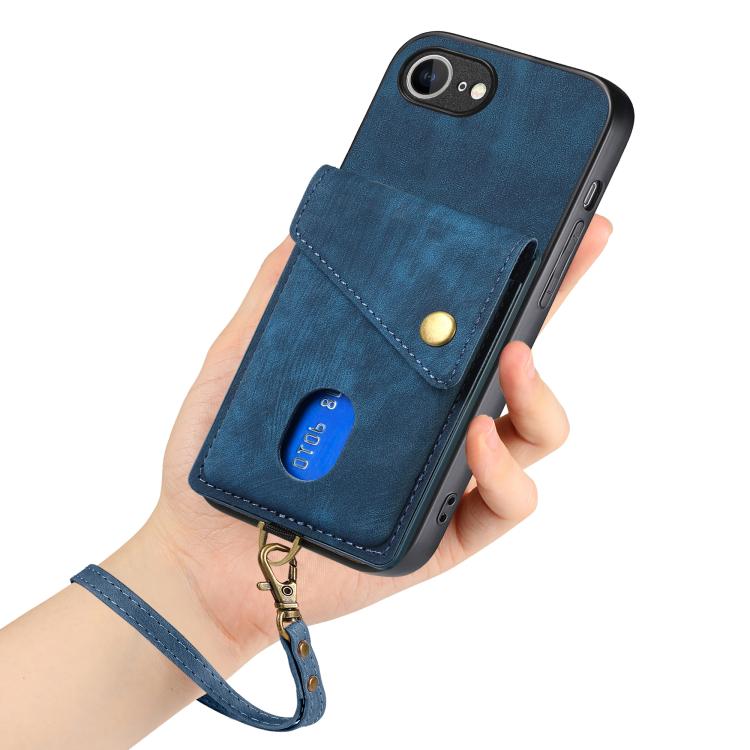 For iPhone 17e / 16e Retro Card Wallet Fold Leather Phone Case with Strap