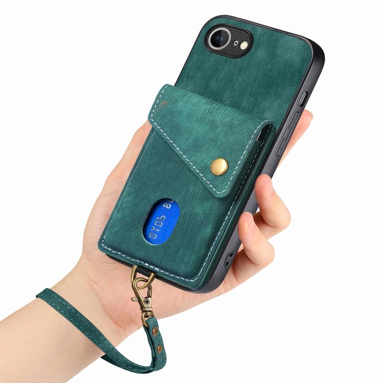 For iPhone 17e / 16e Retro Card Wallet Fold Leather Phone Case with Strap