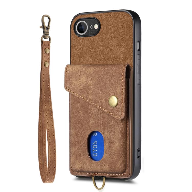 For iPhone 17e / 16e Retro Card Wallet Fold Leather Phone Case with Strap