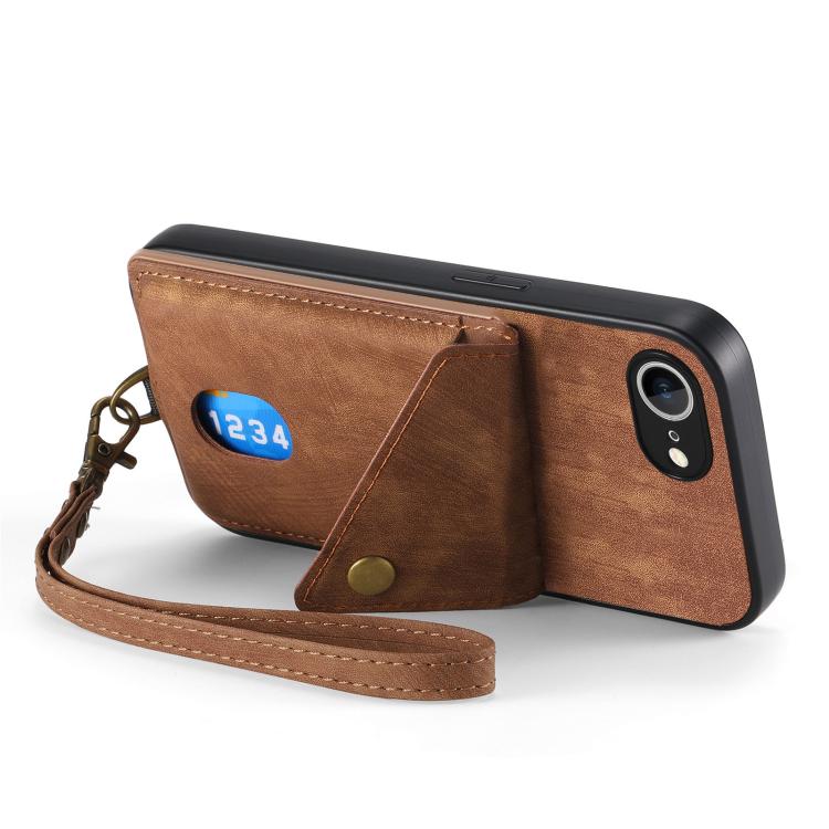 For iPhone 17e / 16e Retro Card Wallet Fold Leather Phone Case with Strap
